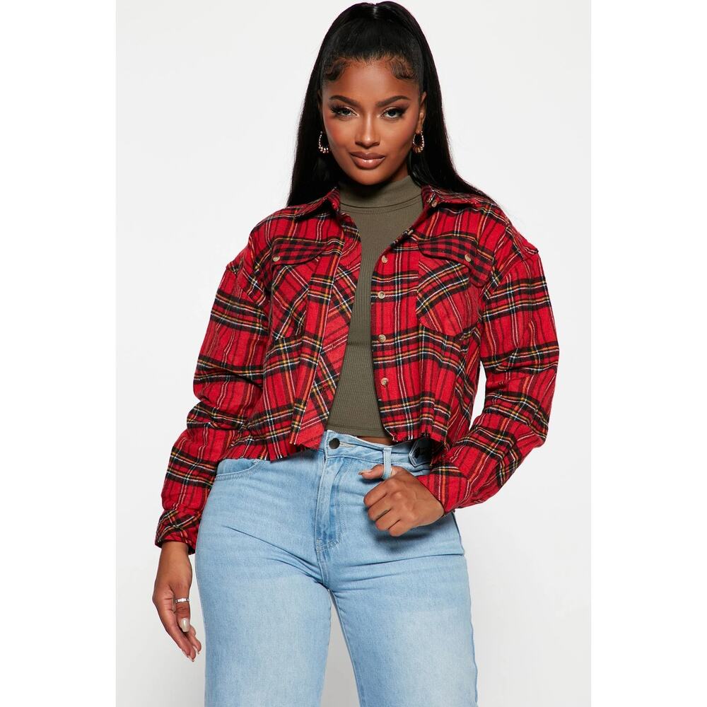 EUC Jolie & Joy Red Plaid Tartan Flannel Cropped Button‎ Shirt Jacket Sz Medium